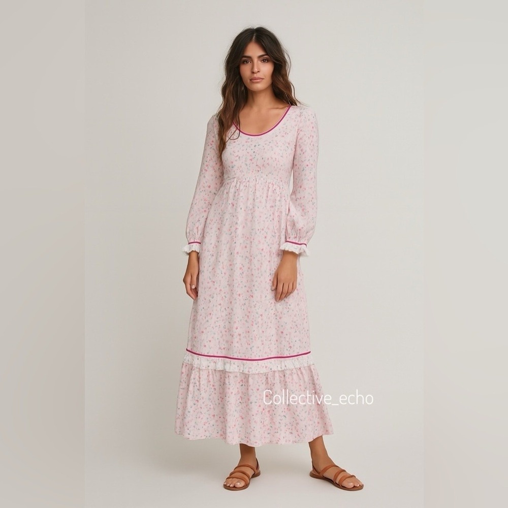 Vintage Handmade Maxi Dress SM Pink Floral Ruffles Peasant Boho Cottagecore